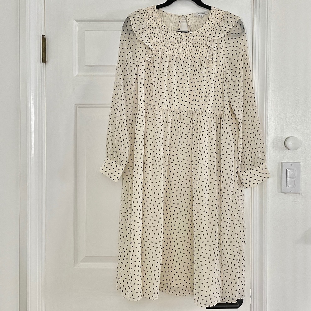 Madewell Petite Smocked Ruffle-shoulder Midi Dress in Inkbrush Dots Size MP